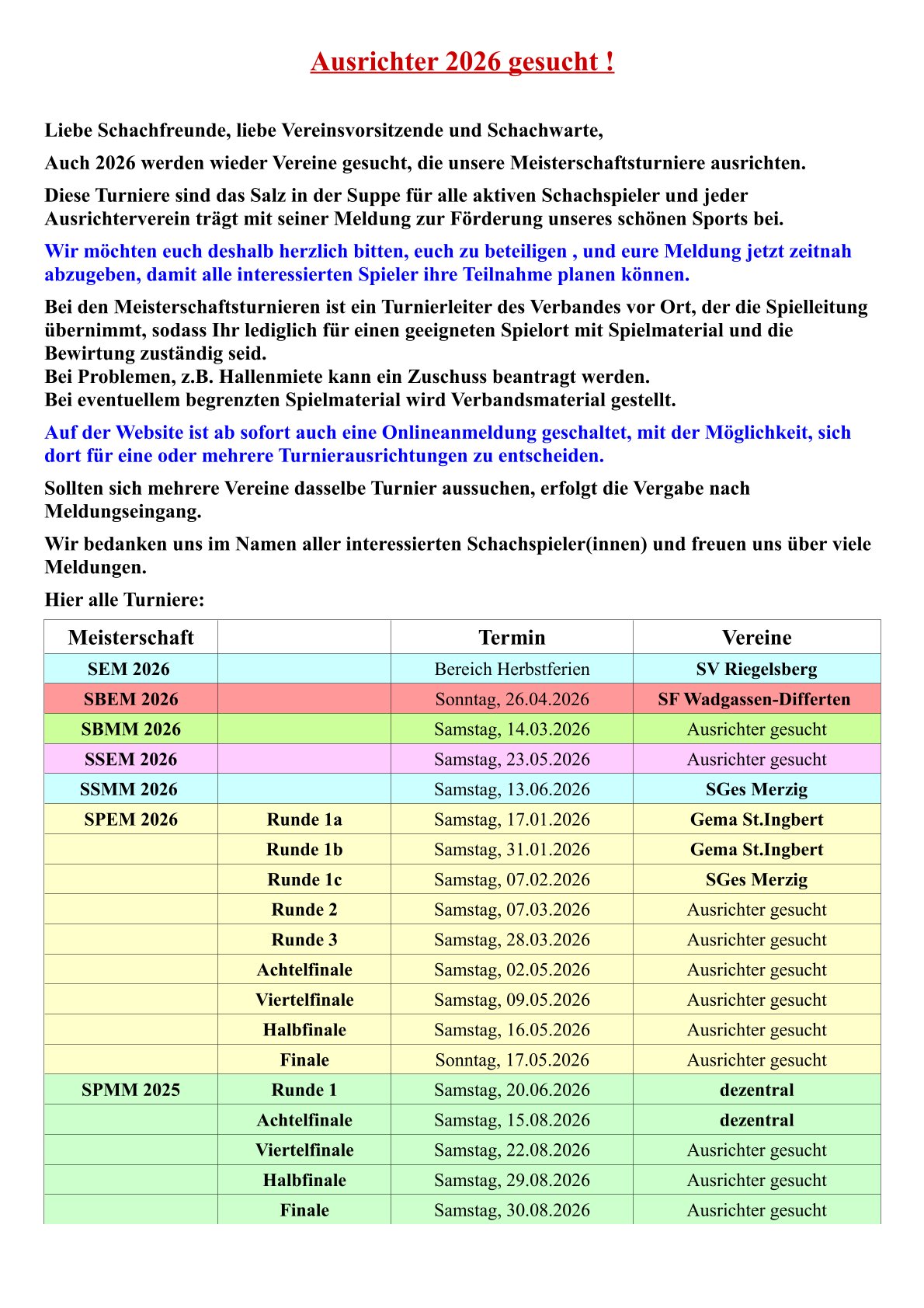 Ausrichter gesucht 15 01 2026